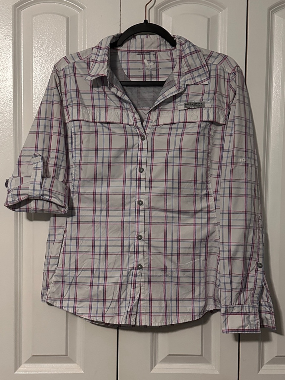 Field & Stream White Plaid Shirt with Pink and Blue Stripes